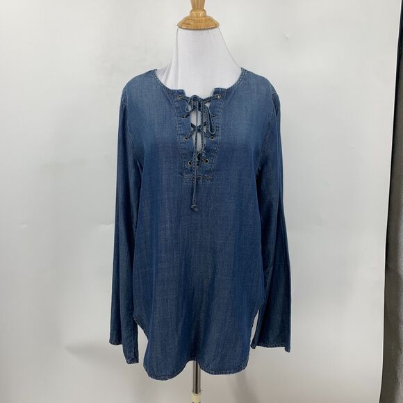 Cloth & Stone Shirt Womens S Small Blue Chambray Lace Up Long Sleeve Tencel Top - Picture 2 of 13